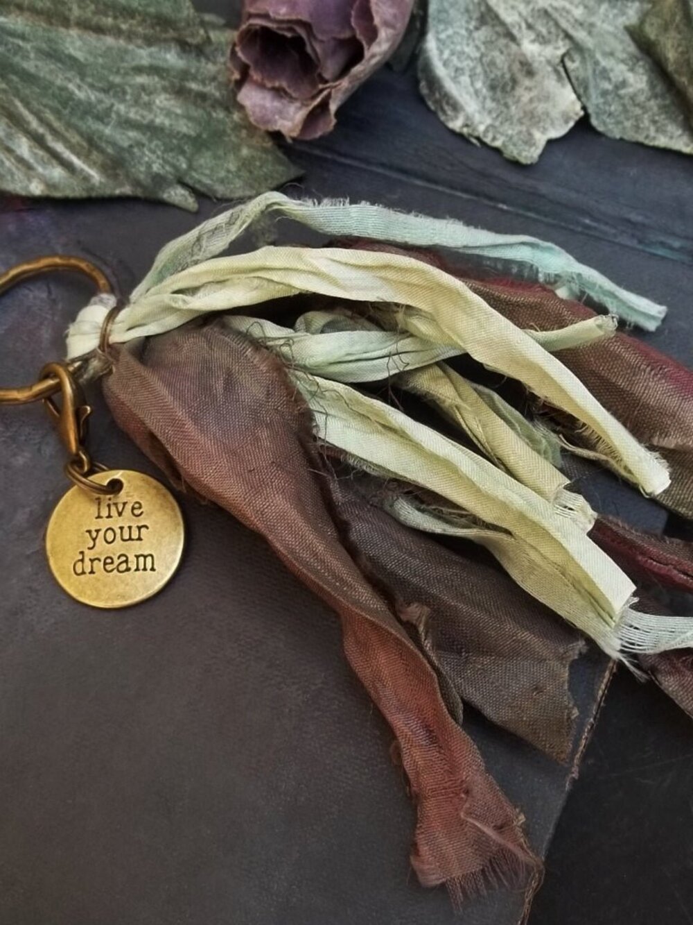 Boho Handmade Recycled Sari Silk Tassel Keychain Live Your Dream Charm Purse